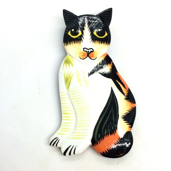 VINTAGE HAND PAINTED WOOD CAT BROOCH PIN LARGE FOLK ART ARTISAN BOHO WHIMSICAL - Picture 1 of 10